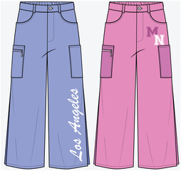 UTILITY POCKET DETAIL DENIM PANT WITH SIDE SLIT AND WIDE LEG DETAIL FASHION FLAT DESIGNED FOR TEEN GIRLS AND KID GIRLS IN VECTOR FILE