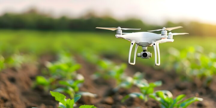 Robots and drones in agriculture for automated planting irrigation and monitoring plant health. Concept Robotics in Agriculture, Drones in Farming, Automated Planting, Plant Health Monitoring