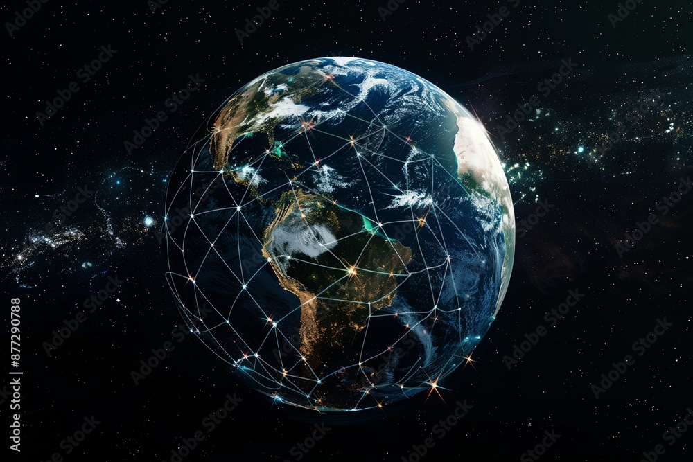 Poster the earth wrapped in glowing light lines, viewed from space, with a dark cosmic background filled wi