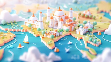 Obraz premium 3D Miniature Cartoon Map of India with Famous Landmarks for Indian Independence Day Celebrations and Travel Banner Background