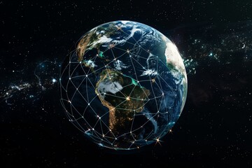 Obraz premium The Earth wrapped in glowing light lines, viewed from space, with a dark cosmic background filled with stars, the light lines forming intricate patterns around the globe,