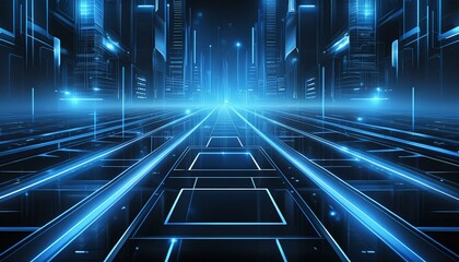 A sleek, high-tech digital background featuring abstract geometric patterns in shades of blue and black, with glowing neon accents representing data flow and connectivity