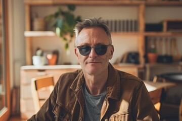 Fototapeta premium Portrait of a content caucasian man in his 60s wearing a trendy sunglasses on scandinavian-style interior background