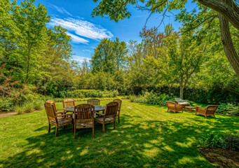 picnic table and chairs in the garden