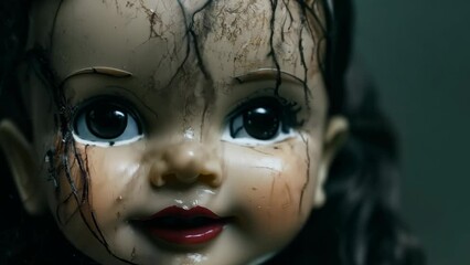 Close-up of a creepy doll face with cracks and a haunting expression, creating an eerie and unsettling atmosphere. The wide eyes and cracked surface add to the spooky and sinister vibe