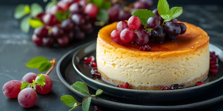 Basque cheesecake with shiny top grapes and fruit garnish on dark plate. Concept food photography, culinary art, dessert creation