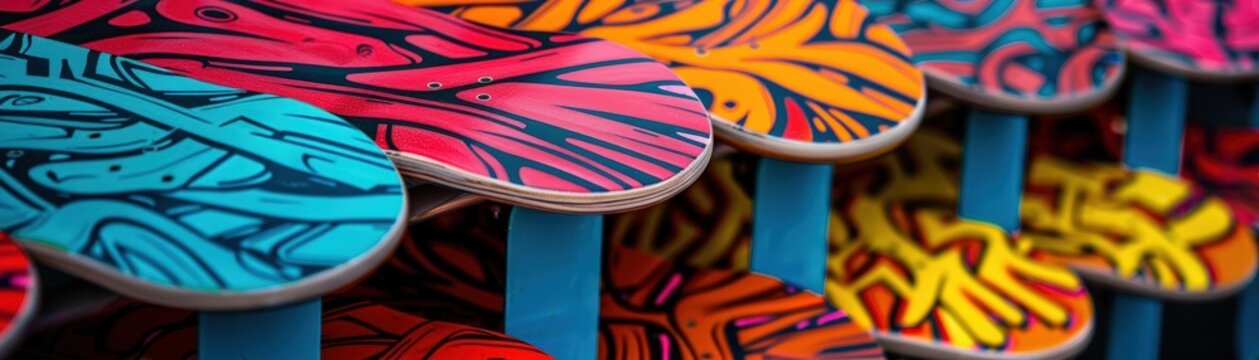 Vibrant street art-inspired skateboard deck designs