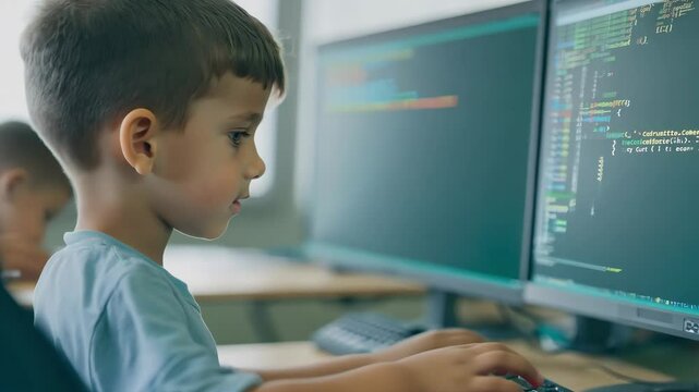 portrait kid boy learn to code with soft blurred friend in a computer lab, coding classroom