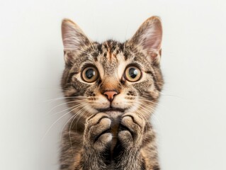 astonished feline with paws dramatically covering mouth stark white backdrop emphasizing comical expression and whiskers