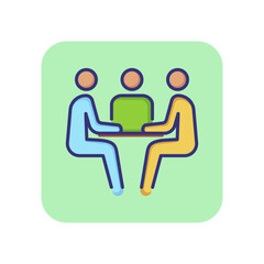 Communication line icon. People sitting at table. Business meeting concept. Can be used for topics like job interview, negotiation, conference