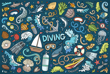Cartoon set of Diving theme items, objects and symbols