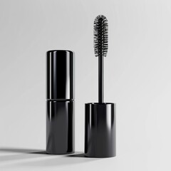 Black mascara wand with brush separated from tube on white background.