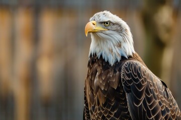 Fototapeta premium Majestic bald eagle is looking into the distance with a soft focused background