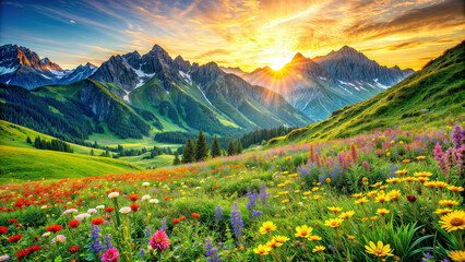 Obraz premium An Alpine meadow, vibrant with blooming wildflowers uunder morning sun. Ideal fo travel brochures, covers, backgrounds, or beautyful wallpapers.