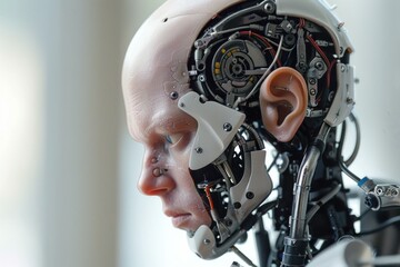 Fototapeta premium Complex machinery exposed, an android with a pensive expression ponders its place in the world