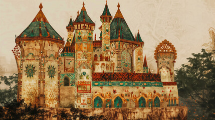 Whimsical fantasy castle with ornate turrets, intricate patterns, and vibrant colors. Fairytale-inspired architecture blends Eastern and Western motifs in a dreamlike landscape.