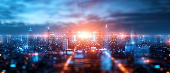 Obraz premium Futuristic cityscape with a bankruptcy notice, economic downfall
