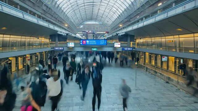 Bustling train station during peak commute hours