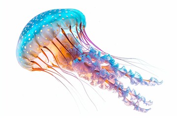 A stunning of a glowing bioluminescent jellyfish, tentacles spread out gracefully, isolated on a clear white background, studio lighting, high contrast,