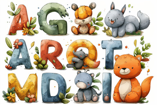 simple alphabets with pictures of animals, cute rabbit and bear, alphabet letters with animal pictures for children to learn