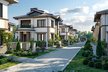 Suburban street lined with modern residential houses featuring manicured gardens and lush greenery under a clear blue sky. Real estate and private property