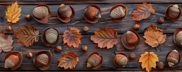 Overhead view of acorns and autumn leaves on wooden background, capturing the essence of fall season and nature's beauty.