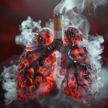 Creative representation of smoking effects on lungs showing a cigarette surrounded by smoldering lung tissues with smoke.