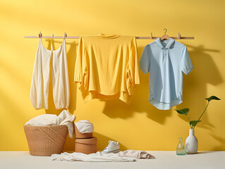 Laundry service, Ironing on clothes, hygiene and cleaning clothes on washing machine, Housekeeping lifestyle, housework concept, Laundry and dry cleaning business