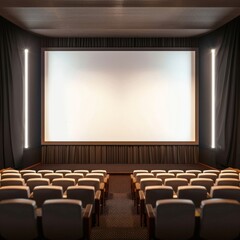 Empty movie theater with rows of seats facing a large blank screen.