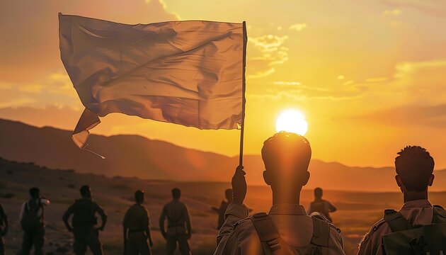 Silhouette of group of army man holding a white flag in the desert at sunset