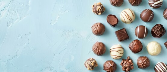Obraz premium Fantasy background with various chocolate pralines on a light blue color