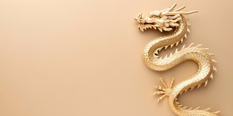 Fototapeta premium Golden dragon images in Chinese and Japanese style on pastel gold background. Concept Golden Dragons, Chinese Art, Japanese Design, Pastel Gold Background