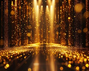 Golden spotlights illuminate a stage with shimmering particles, creating a celebratory and magical ambiance.