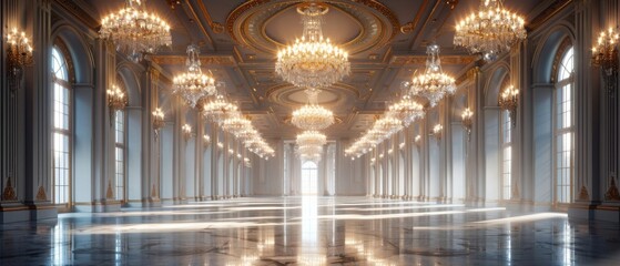 Obraz premium Grand hall with chandeliers and marble floors.