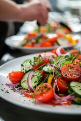 Fresh Tomato Salad with Cucumbers, Red Onions, and Herbs in Modern Kitchen Setting