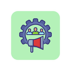 HR marketing line icon. Group of candidates in cog shaper frame with loud speaker. Recruitment concept. Can be used for topics like head hunting, personnel selection, human resource