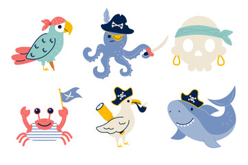 Collection of pirate characters octopus parrot shark crab skull flat style © Elena