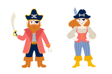 Pirate and female pirate characters flat style