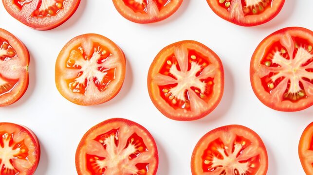 Slices of tomato in a visually appealing pattern on a white background