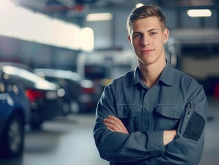 confident male auto mechanic in modern hightech garage crisp uniform contrasts with advanced diagnostic equipment and gleaming vehicles in background