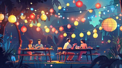 Flat style illustration of a night summer party in a backyard, with people playing games and enjoying food under strings of glowing lanterns. The long shutter effect is depicted
