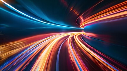 Obraz premium Colorful light streaks move through a curved tunnel in the night