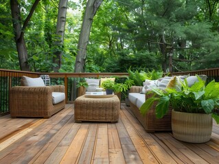 Fototapeta premium contemporary outdoor lounge with wooden deck and wicker furniture cozy seating area framed by lush greenery creates inviting backyard retreat