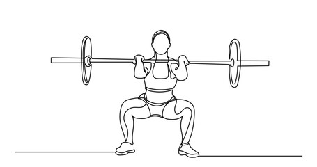 Woman Fitness workout exercise Continuous line drawing of a girl lifting a heavy-weight barbell.Female bodybuilder doing exercise in the gym center.Healthy lifestyle concept.
