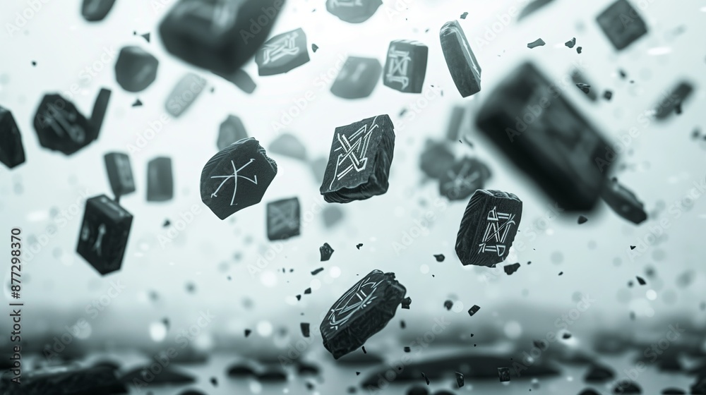 Poster floating runes descending in mid air, each one intricately designed with mysterious symbols, against
