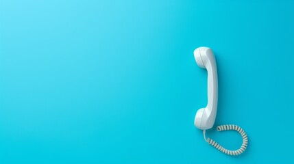 Obraz premium A minimalist flat lay of a classic white handset with a coiled wire, placed on a vibrant blue background