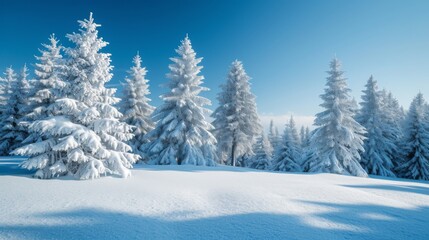 Fototapeta premium A breathtaking winter landscape featuring majestic snow-covered spruces standing tall under a clear blue sky