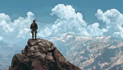 Military soldier on top of mountain. 3D rendering and illustration.