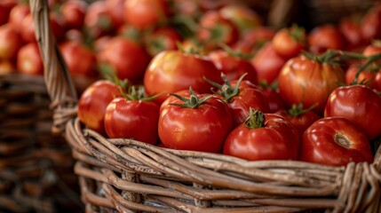 Vibrant Freshly Picked Tomatoes in Rustic Market Basket - Natural Texture and Color