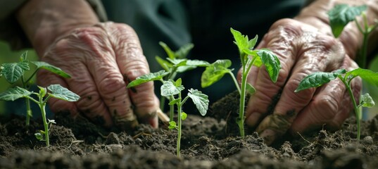 Close-Up of Gardener's Hands Planting Tomato Seedlings in Rich, Dark Soil - Spring Gardening Concept